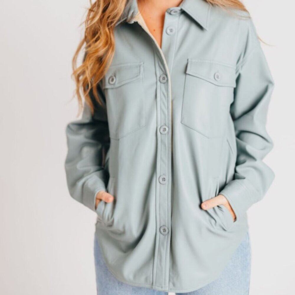 Allie Rose Shacket Jacket Vegan Leather Sage Green Large NWT - Picture 2 of 11